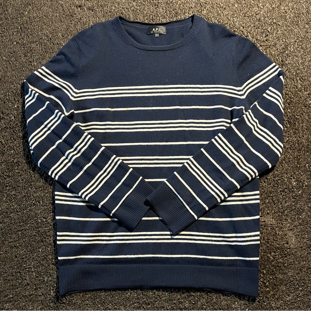 A.P.C Striped Navy Blue Rue Madame Paris Wool Sweater Sz L